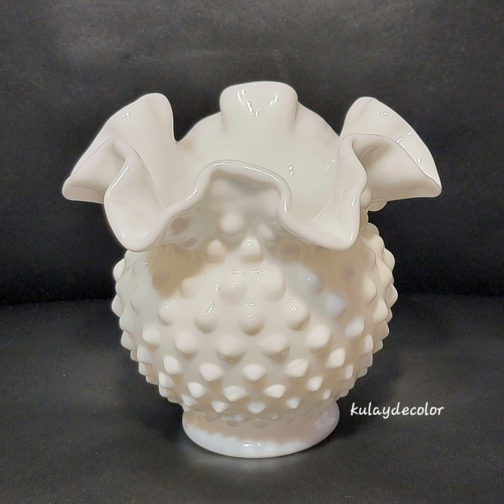 Vintage Fenton Hobnail Milk Glass Vase Ruffled Edge White Art Glass Collectible